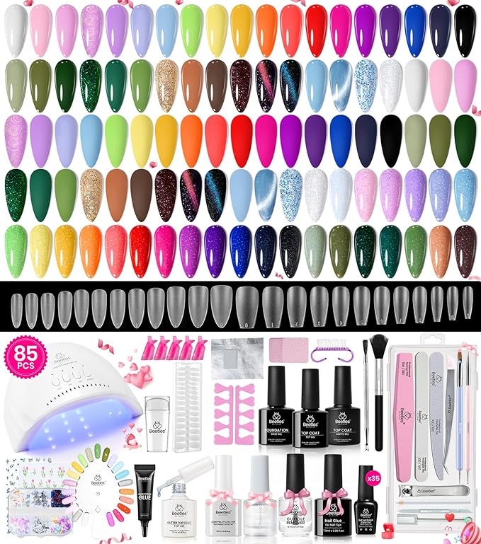 Beetles Tipex Lite Apex Nail Tips, Square Short, 256pcs 16 Sizes with 85 Pcs Gel Nail Polish Kit - 35 Colors Gel Polish Set Travel Diary All in