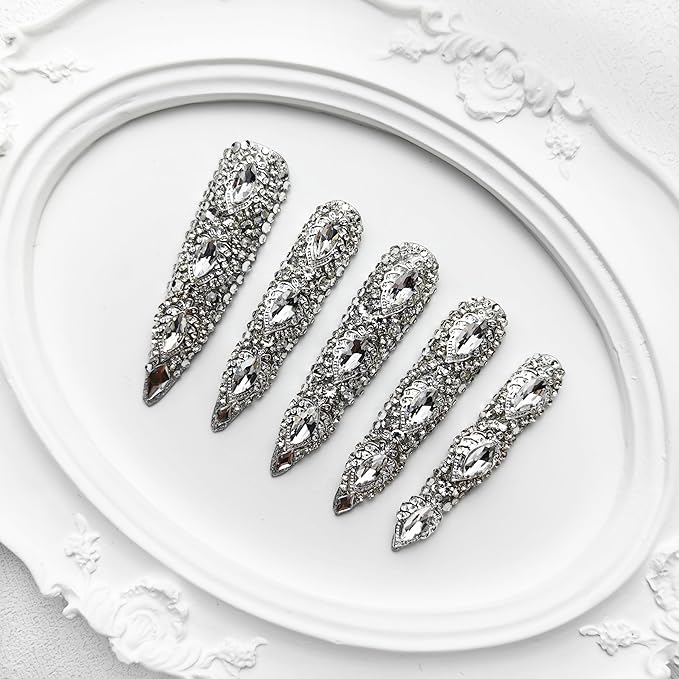 2025 New Queen of Haute Style Full Diamond Long Almond Press on Nails PMMA Acrylic Handmade Nails Full Deluxe 3D Crystal Fake Nails (High-end Almond Diamond, Long)