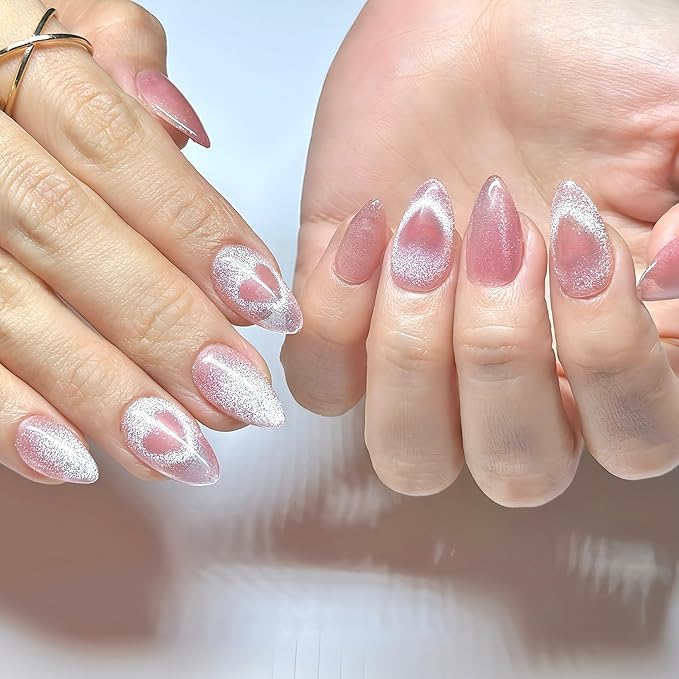 Press On Nails Short Almond Cat Eye Jelly Pink|The Heart will Sparkle as You Move.Reusable Soft Gel Nails in 15 Sizes -30 Nail Kit with Glue|Designed in L.A, Handmade in Vietnam| Whisper Heart