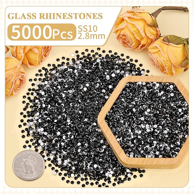 5000PCS SS10/2.8mm Crystal Rhinestones (Jet Black) with 2Pcs 10ml B7000 Jewelry Glue, Bedazzling Flatback Glass Rhinestones for Crafting, Gems Diomand Charms for Tumbler Shoes Clothing Mugs Nail Art