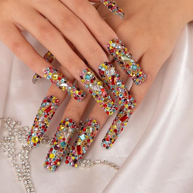 LOVFUL Press on Nails Precious | Handmade with Full Covered Crystals | Reusable Fake Nails | Square Mid length 1.7in | H175-S
