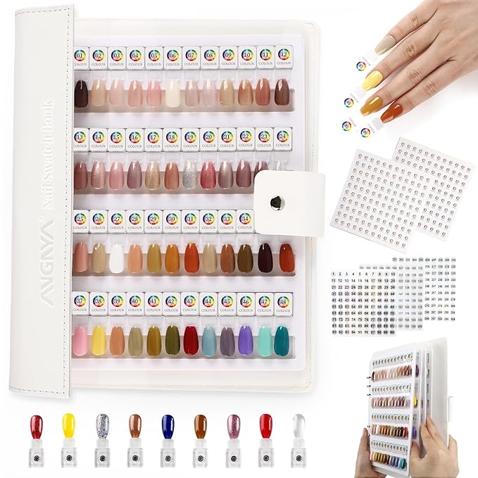 ANGNYA Magnetic Nail Swatch Book，192 Nail Color Book Leather Nail Sample Display Book with 192 Magnetic Tips & 1-240 Number Labels，Perfect for Professional Salon Nail Art Color Chart & Practice Stand