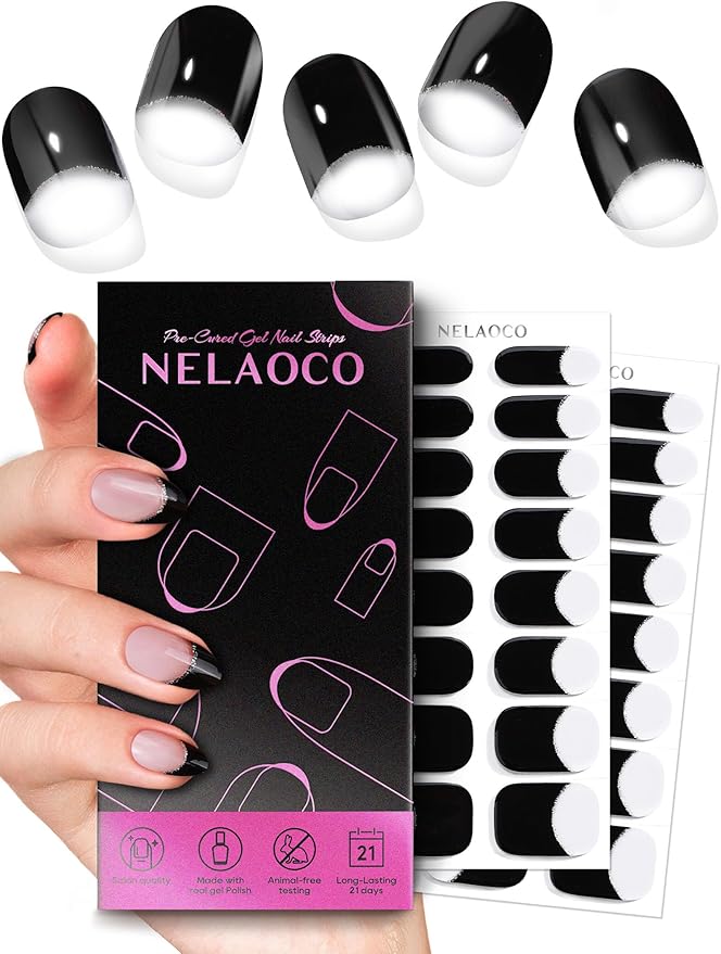 Nail Polish Strips – 32PCS UV Free Salon Quality Wraps, Long Lasting Gel Nail Stickers for Women (French Luxe Black)
