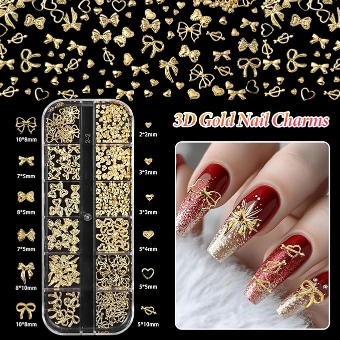 3 Boxes Gold Nail Beads Pearls, Butterfly Bows Alloy Nails Charms Studs, Bowknot Bow Tie Nail Art Jewels, Mix Size Half Round Pearls Carviar Nail Beads Charms Rhinestones for Nails Design DIY Craft