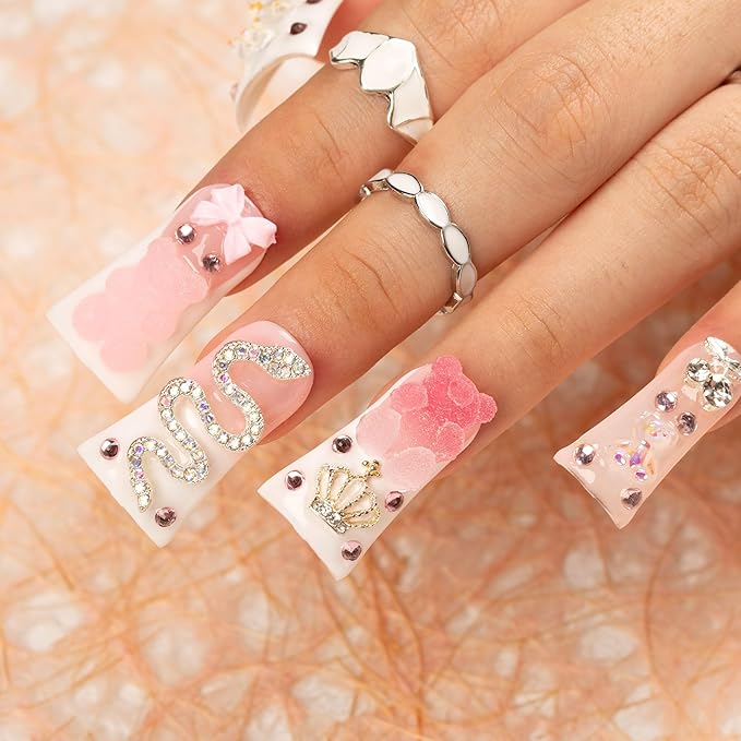 LOVFUL Press on Nails Marshmallo Gummy Bear Square | Handmade with Full Covered Crystals | Reusable Full Cover Nails | Duck Classic Regular 1.3 in | H26-L