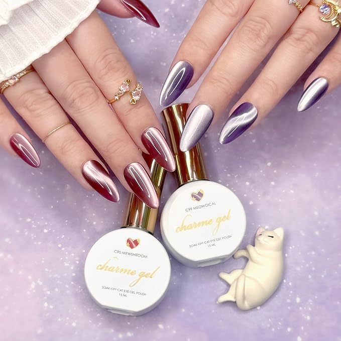 Daily Charme Whimsical Silk Cat Eye Magnetic Charme Gel Nail Polish Collection / 6 colors w/Cateye Magnet, Soak Off UV Led Gel Nail Polish, Home DIY/Nail Salon Manicure