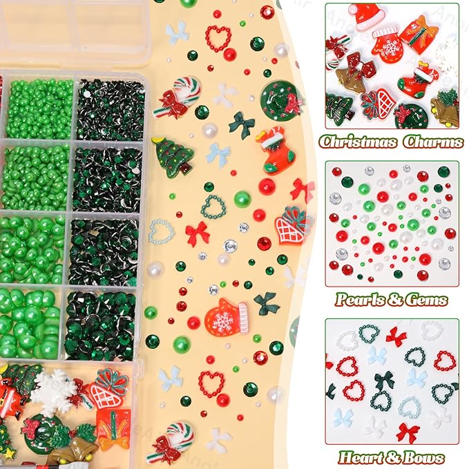 Christmas Junk Case Charms Kit, Christmas Snowman Tree Reindeer Bell Santa Big Charms for Phone Junk Cases, Red Green Pearls and Rhinestones Gems Bedazzling Kit for Crafts Nail DIY Accessories