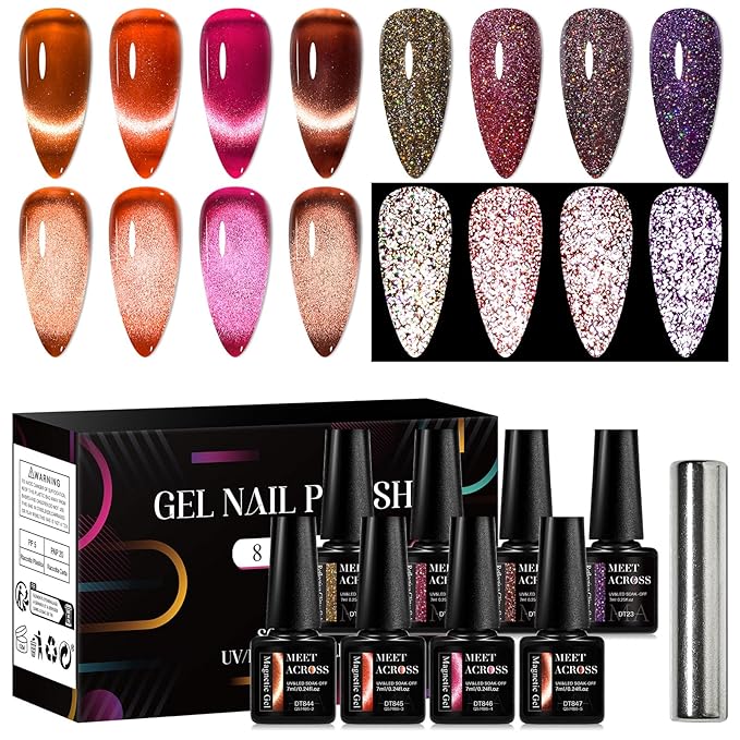 MEET ACROSS 8pcs Nail Polish Set, Soak off UV LED Lamp Cat Eye Gel Set, Home Manicure Kit 7ml (Amber Cat Eye + Diamond Gel)