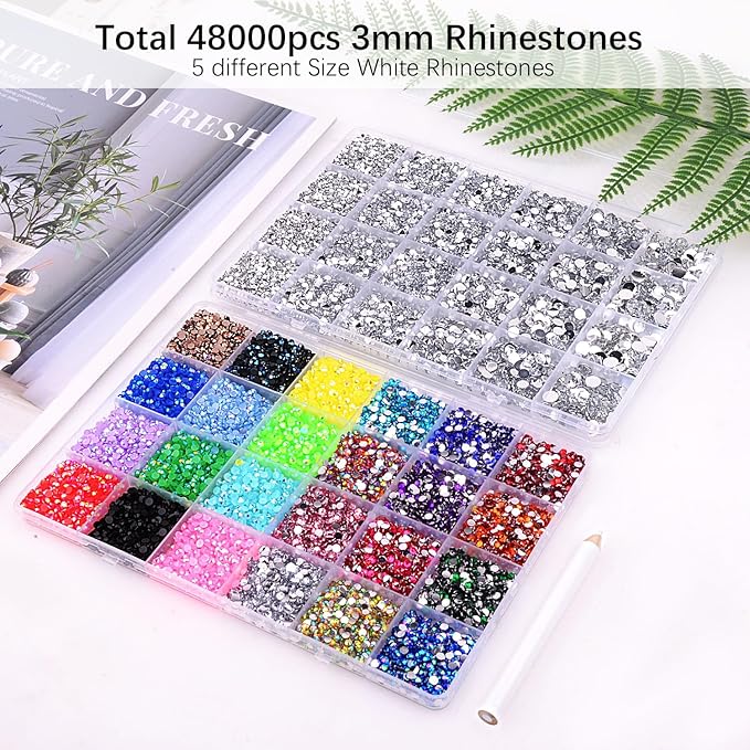 48000Pcs Gems for Crafting,Resin Jelly Rhinestones, 24 Color 3mm Flatback Gems with 24 Grid White Rhinestones for Diamond Art DIY Crafts Clothing Shoes Nail Art Decoration ZS003