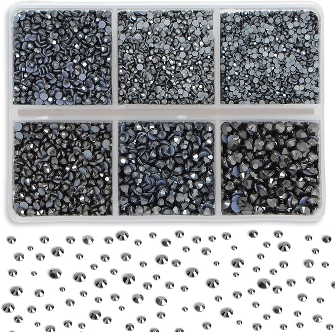 8000pcs Hotfix Rhinestones Flatback,Rhinestones for Crafts Clothes Mixed 6 Sizes, Hotfix Crystals with Wax Pencil Kit, SS3-SS12,Jet Hematite