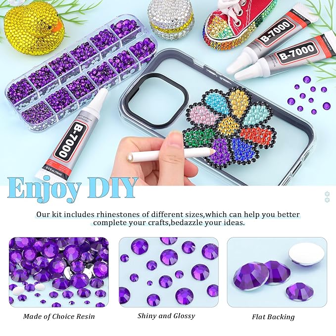 6000Pcs Resin Rhinestones for Bedazzling with 3Pcs B7000 Jewelry Glue, 1 Box Dark Purple Flatback Rhinestones for Crafting Crafts DIY, Crystals Gems for Clothing Shoes Tumblers Nail Art Makeup