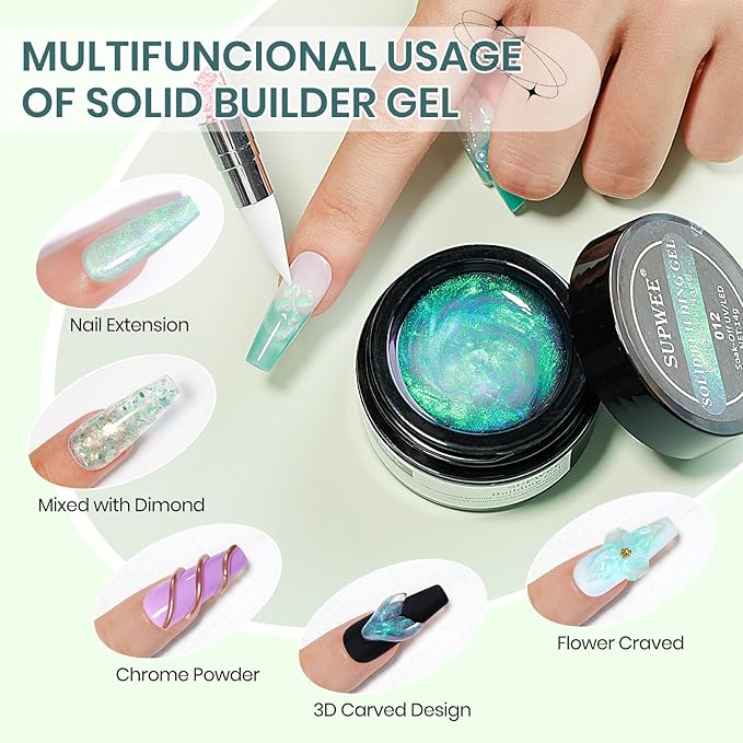 Solid Builder Gel for Nails - Aurora Green 3D Nail Art Non-Stick Hand Hard Gels for Carving Patterns Decoration Nail Extension Gel for Nails Manicure DIY at Home 14g(0.49fl oz)