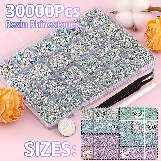 30000Pcs AB Rhinestones for Bedazzling with B7000 Jewelry Glue, Bedazzler Kit Bulk Flatback Gems, Resin Rhinestones for Crafting Crafts Clothing Shoes Fabric Nail Art Assorted Size 2/3/4/5/6mm