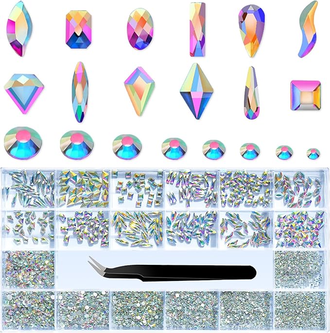 Glass Crystal AB Nail Jewels & Flatback Rhinestones Kit - Multi Shape Nail Gems & Diamonds 3D Charms with Wax Pencil & Tweezers