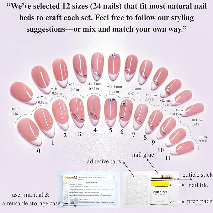 Press On Nails Medium Almond Pink-Nude with White French Tip & Silver Glitter| Reusable Soft Gel Nails in 12 Sizes-24 Nail & Kit with Glue|Designed in L.A,Hand Painted in Vietnam|Elegant Glint