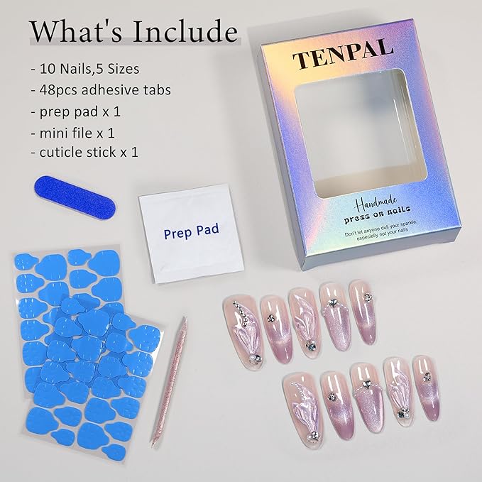 Gradient Purple Press on Nails Long Almond Cat Eye Mermaid Tail Designs Fake Nails Detachable Acrylic Shimmery Glitter False Nails with Tools Handmade Glossy Artificial Glue on Nails(L)