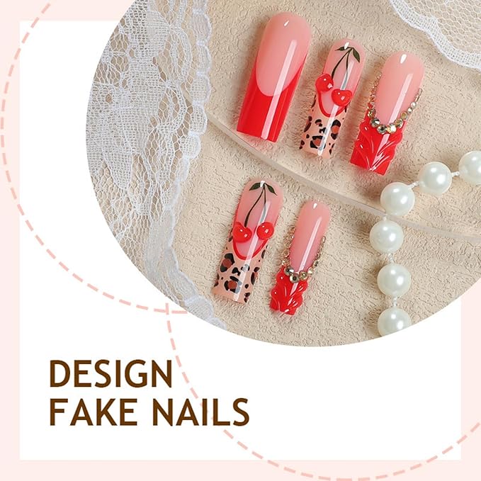 Long Press on Nails Square Red Cherry Stick on Nail for Women 24pcs