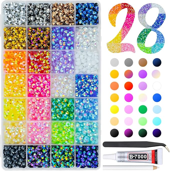 28 Color 6mm Jelly Resin Rhinestones w B7000 Glue for Bedazzling Crafting SS30 Flatback Stones Colorful AB Gems Diamonds Bedazzler Kit Charms for Nails Eyes Face Makeup Tumblers Crafts Shoes
