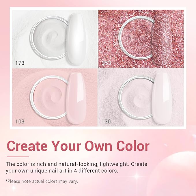AZUREBEAUTY Dip Powder Nail Kit Starter, 4 Colors Glitter Soft Pink French Nail Art, with Base Coat, Top Coat and Activator Liquid, Suitable for All Seasons, Ideal for DIY Manicure and Salon Use