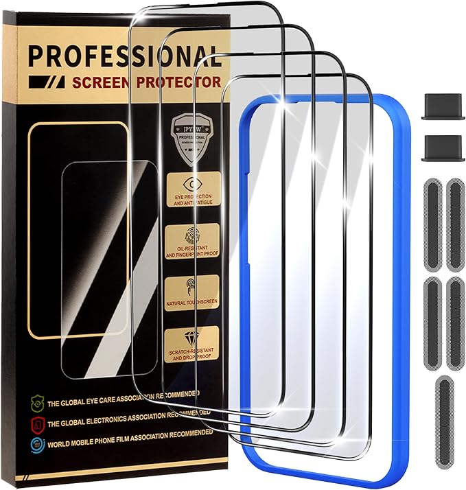 4 Pack for iPhone 16/ iPhone 15 Screen Protector, Military-Grade Shatterproof, 9H Hardness, Full Coverage Tempered Glass for iPhone 16-6.1 inch with Install Frame