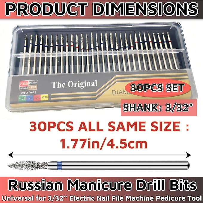 Russian Manicure Drill Bits 30PCS，Electric Nail Drill Bits Nail Drill Bit Set，Cuticle Bit for Nail Drill，Cuticle Drill Bits for Nails Universal for 3/32'' Electric Nail File Machine Pedicure Tool