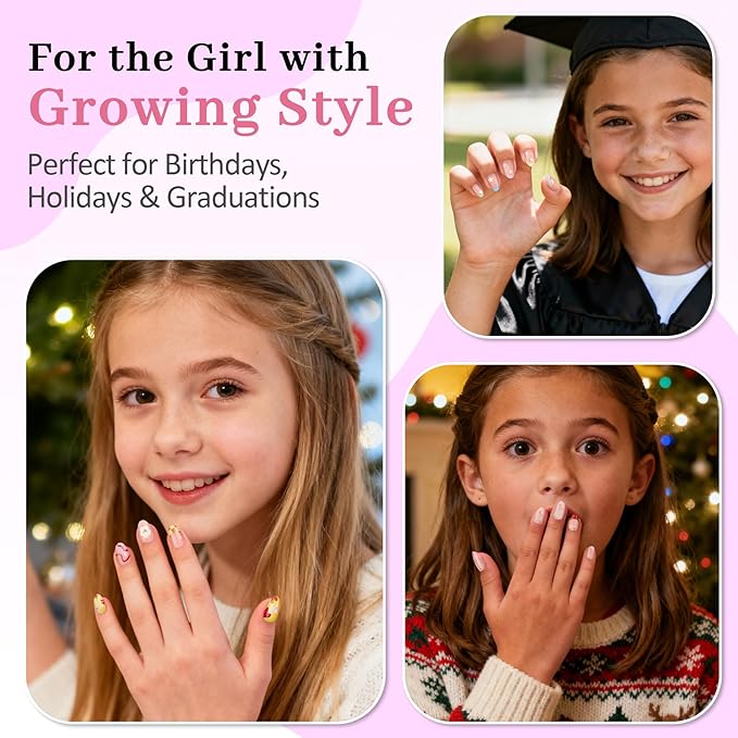 16 Sizes 128 Pieces Press on Nails for Kids, 4 pack Kids Nail Kit Colorful Flower Almond Fake Nail Tips for Girls 8-12 Years Old with Jelly Nail Adhesives & Nail Glue Easter Gifts Birthday