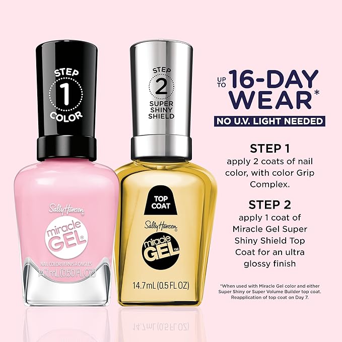 Sally Hansen Miracle Gel Supercharged Pinks Nail Polish | Salon Quality Gel-Like Formula, Two-Step System, No UV Light Needed, Long Lasting | 344 Blush Crush | Soft Pink Crème Nail Color