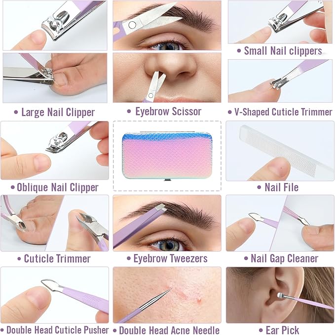 Nail Kit Women Professional Manicure Pedicure Set Nail Clippers Kit Ultra Sharp Nail Cutter Nail Care Tool Cuticle Trimmer Grooming Kits with Travel Case,12in1,Suitable for Home Travel,Gifts for Women