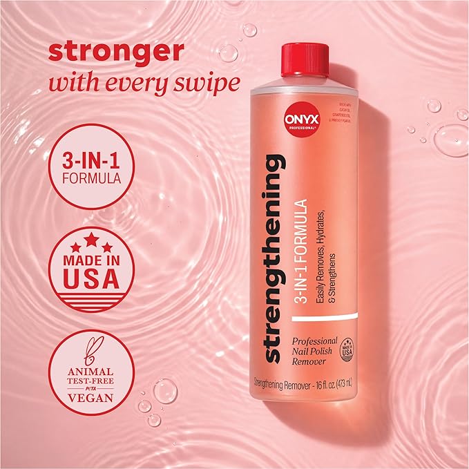 Onyx Professional 3-in-1 Strengthening Nail Polish Remover with 7 inch Nail File, 16 fl oz - Removes Nail Polish, Hydrates, Strengthens Nails | Infused with Grapeseed Oil, Cacay Oil, Cactus Seed Oil