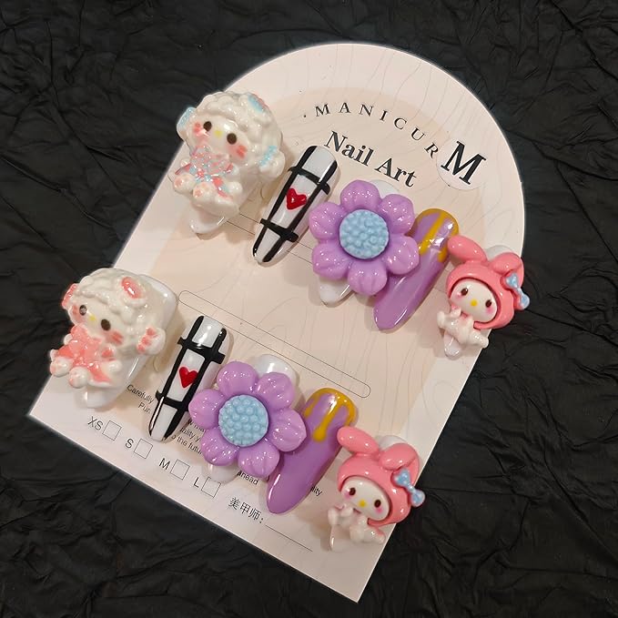 10Pcs(1Pack) Handmade Press On Nails 3D Flower Nails Cute Catoon Bunny Nails for Women Party Holiday Daily Wear Size S