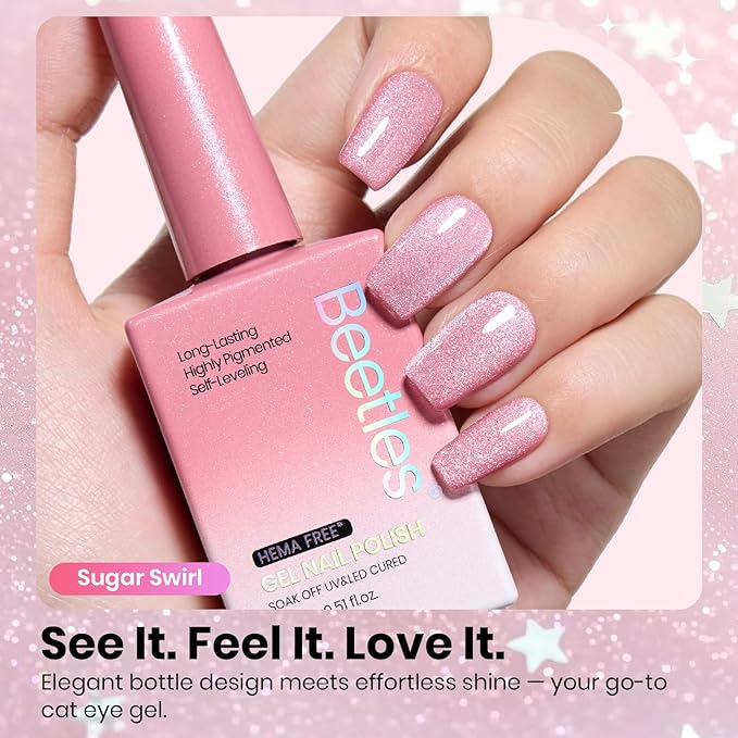 Beetles Sugar Swirl Pink Cat Eye Gel Nail Polish - 15ML Pink Cat Eye Valentines Gel Polish Glitter Magnetic Translucent Glassy Effect Soak Off UV French Nail Art Manicure Gifts for Wome
