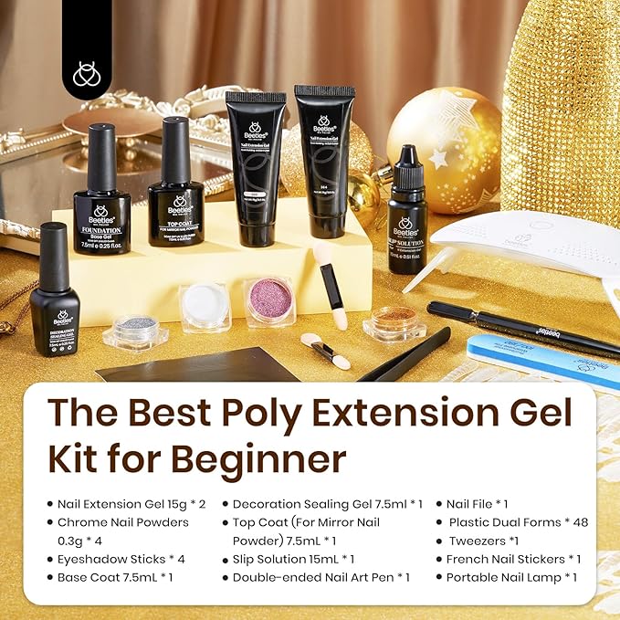 Beetles Poly Nail Extension Gel Kit with UV Lamp, 2 Neutral Colors Black Pink Nude UV Building Gel Manicure Set with 4 Jars Glitter Chrome Nail Powder Top Base Coat Easy DIY Nail Art Design Home