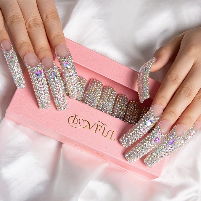 LOVFUL Press on Nails Angel's Tear Rhinestone | Handmade with Full Covered Crystals | Reusable Full Cover Nails | Curve Long 2.2 in | H48-M