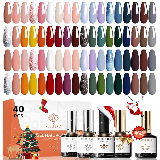 modelones 40 Pcs Gel Nail Polish Set, 36 Colors Nude Brown Green Red Gel Polish White Maroon Orange Blue Glitter Nail Polish with Base & Matte/Glossy/Glitter Top Coat LED Mani Gift