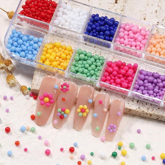 3D Mini Small Metal Stainless Steel Caviar Nail Beads Balls, 0.8-3mm Gold Silver Alloy Nail Art Chain Charms Studs with Tweezers and Dual-end Brush (20-K1-colorful-beads)
