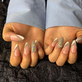 AKA Unicron French Tip Press On Nails Short Almond Handmade Acrylic Fake Nails Press Ons with Shining Rhinestones Charm Design,Nail Charm Nature Lasting Stick On Woman Fingernails