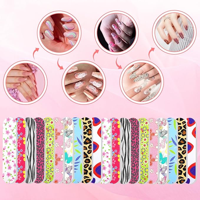 20Pcs Mini Nail Files Bulk Emery Boards for Acrylic & Natural Nails Colorful Floral Double Sided Mini Nail Buffer Manicure Tools for Women Girls Home and Salon Use