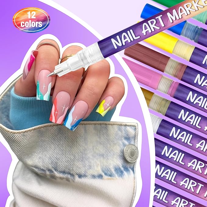 12 Colors Nail Art Pens Set, 0.5mm Fine Tip Acrylic Nail Polish Pens, Quick-Dry Smudge-Proof Waterproof, Smooth Flow for Drawing Outlining Dotting Liner Art, DIY Manicure Gift