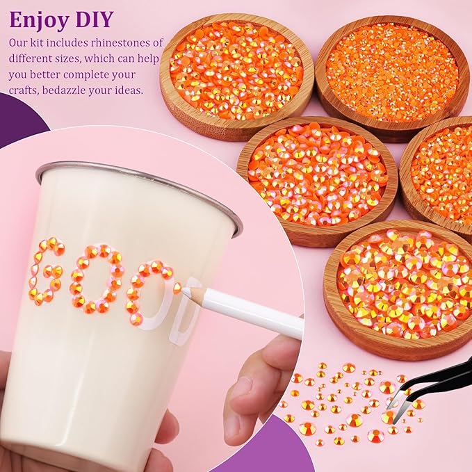 Resin Jelly Rhinestones for Crafting with B7000 Jewelry Glue, 1 Box Orange AB Flatback Crystals with 2Pcs 10ml Glue, Bedazzling Non Hotfix Gems for DIY Tumblers Clothing Shoes Manicure