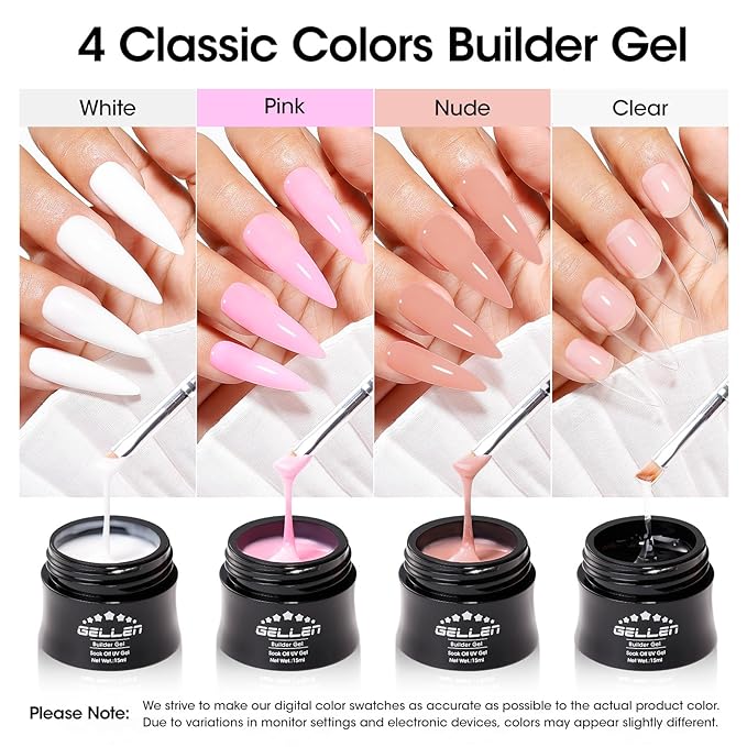 GELLEN Builder Gel Set for Nails,10 In 1 Hard Nail Extension Poly Gel Soak Off UV Polish Set 4 Colors Clear Milky White Classic Pink Nude Apex Sculpting Thickening Nails Salon Home Manicure