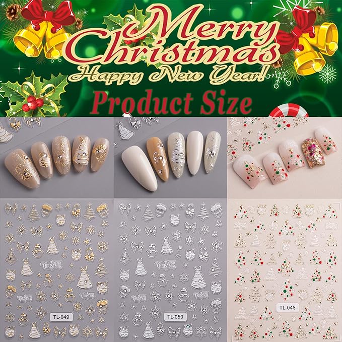 3 Sheets Christmas Tree Nail Art Stickers 5D Self-Adhesive Embossed Cartoon Santa Claus Snowflake Designs Xmas Decals Winter Christmas Tie-Bow Ball Nail Stickers Supplies for DIY Manicure Decor