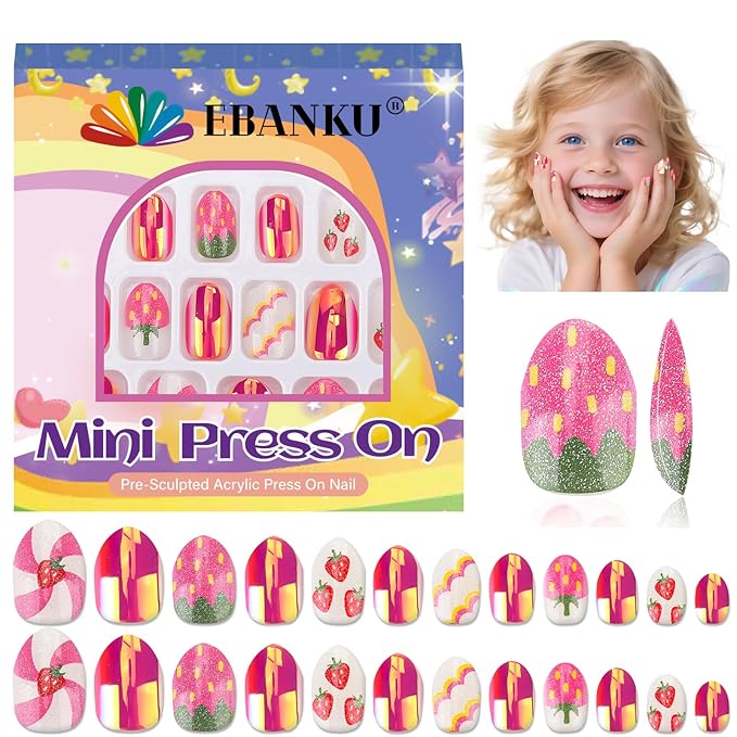 EBANKU 1 Pack Kid Fake Nail Kit, 24 Pieces Strawberries Press on Nails for Kids Almond Press on Nail Short Artificial False Nail Kits for Kids Girls