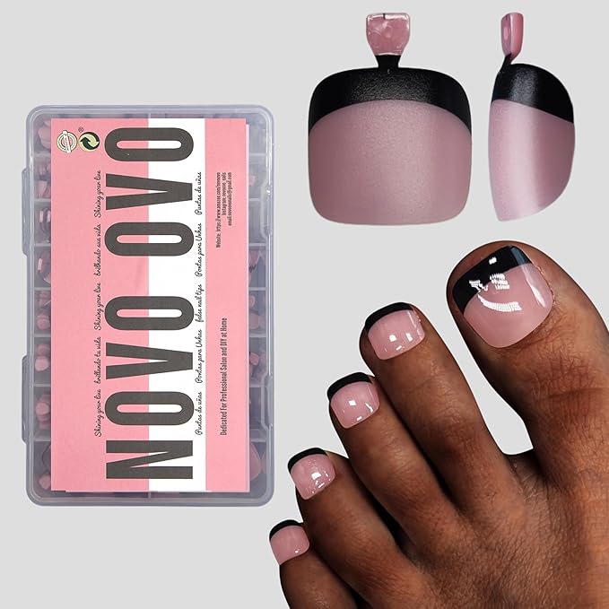 NOVO OVO Halloween Black French Tip Toe Nail Tips Press on, Soft Gel Toenail Extension, BERRY PINK Square Round Pre-applied Tip Primer & Base Coat, Full Cover Matte Nails for DIY x 15 Sizes 360Pcs