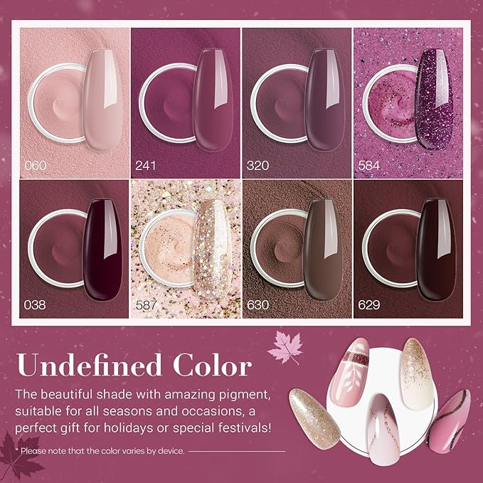 AZUREBEAUTY Dip Powder Nail Kit Starter Glitter Purple Nude Brown 8 Colors 30 Pcs with Nail Swatch Sticks, Dipping Powder Liquid Set Matte Top Coat for Fall Winter Nail Art Manicure Salon DIY Home