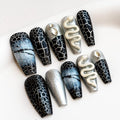 Sun&Beam Nails Handmade Press On Nail Coffin Ballerina 3D Snake Black Acrylic Fake Tip Design Art Charms Cute with Storage Box 10 Pcs (007 S)