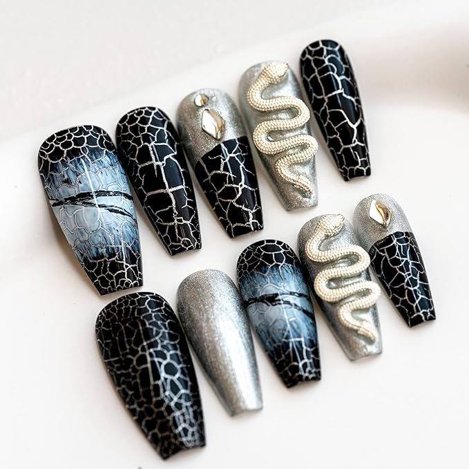 Sun&Beam Nails Handmade Press On Nail Coffin Ballerina 3D Snake Black Acrylic Fake Tip Design Art Charms Cute with Storage Box 10 Pcs (007 XS)