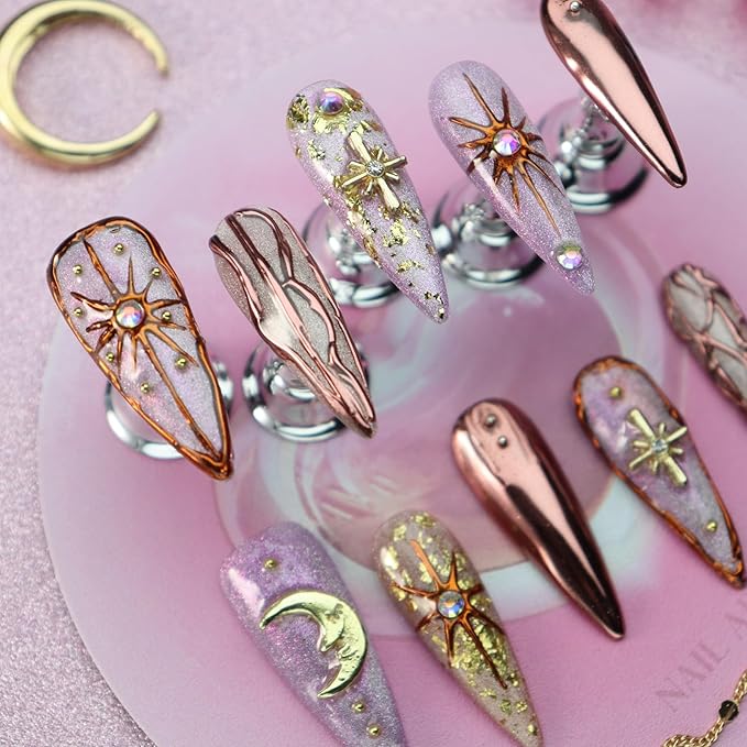 Star Moon Press on Nails Long Stiletto Fake Nails Pure Handcrafted Nail Mirror Effect Glue on Nails Glitter False Nail with Design Rhinestone Stick on Nail for Women Girls Luxury Manicure (L)