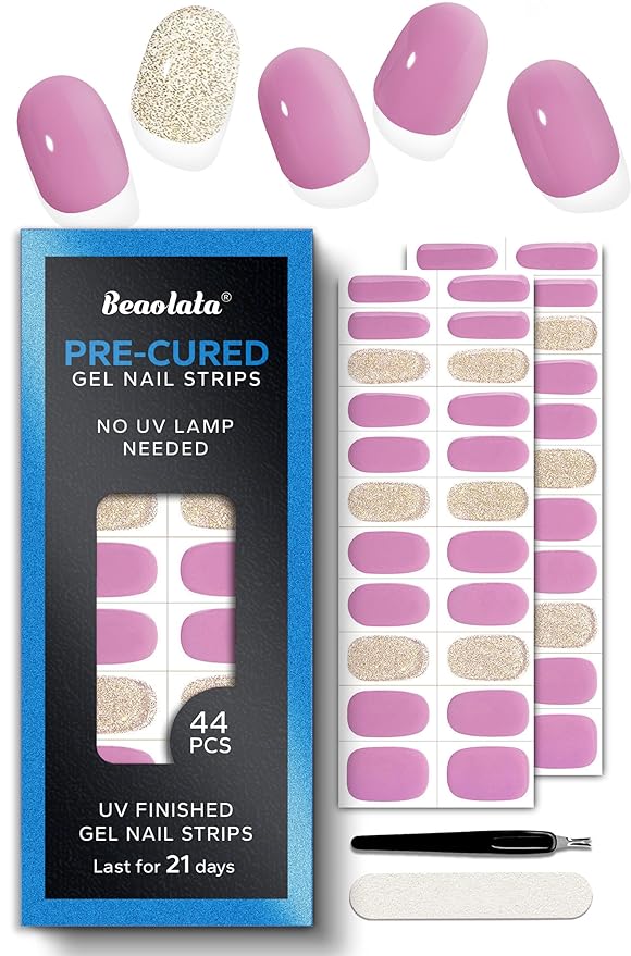 Pre Cured Gel Nail Strips - 44PCS Salon Quality Gel Nail Stickers - Long Lasting Polish Wraps for Women no UV Light Needed Easy Apply & Remove (Peach Pink)