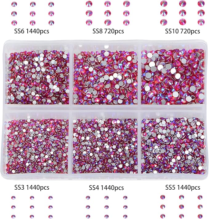 Bymitel 7200 Pieces 6 Mixed Sizes Glue Fix on Glass Rhinestones Round Crystal Gems Flatback for DIY Jewelry Making with one Picking Pen(6-Sizes 7200PCS, Siam AB)