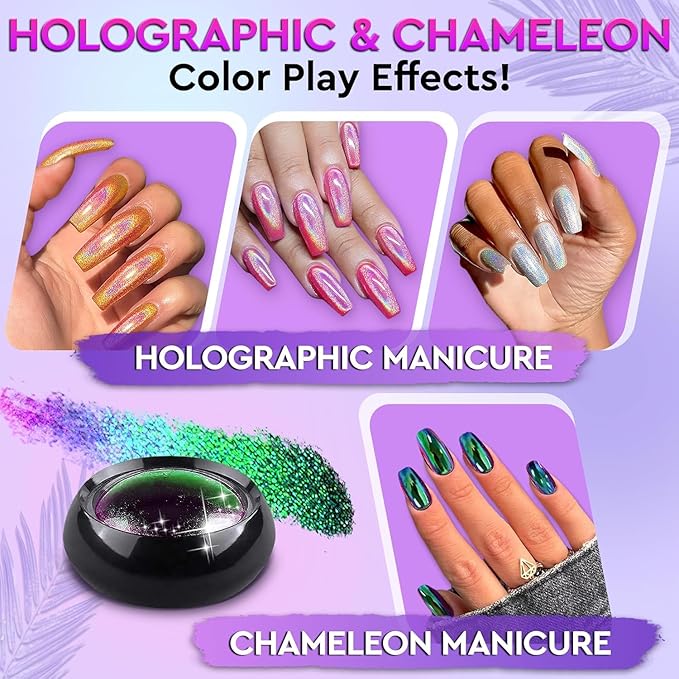 Chrome Nail Powder Kit 16 Jars – Chrome Powder for Gel Nails, 16 Stunning Colors, Including Mirror, Holographic & Chameleon Effects | Works with Charms, Rhinestones and Nail Art Striping Tape Lines